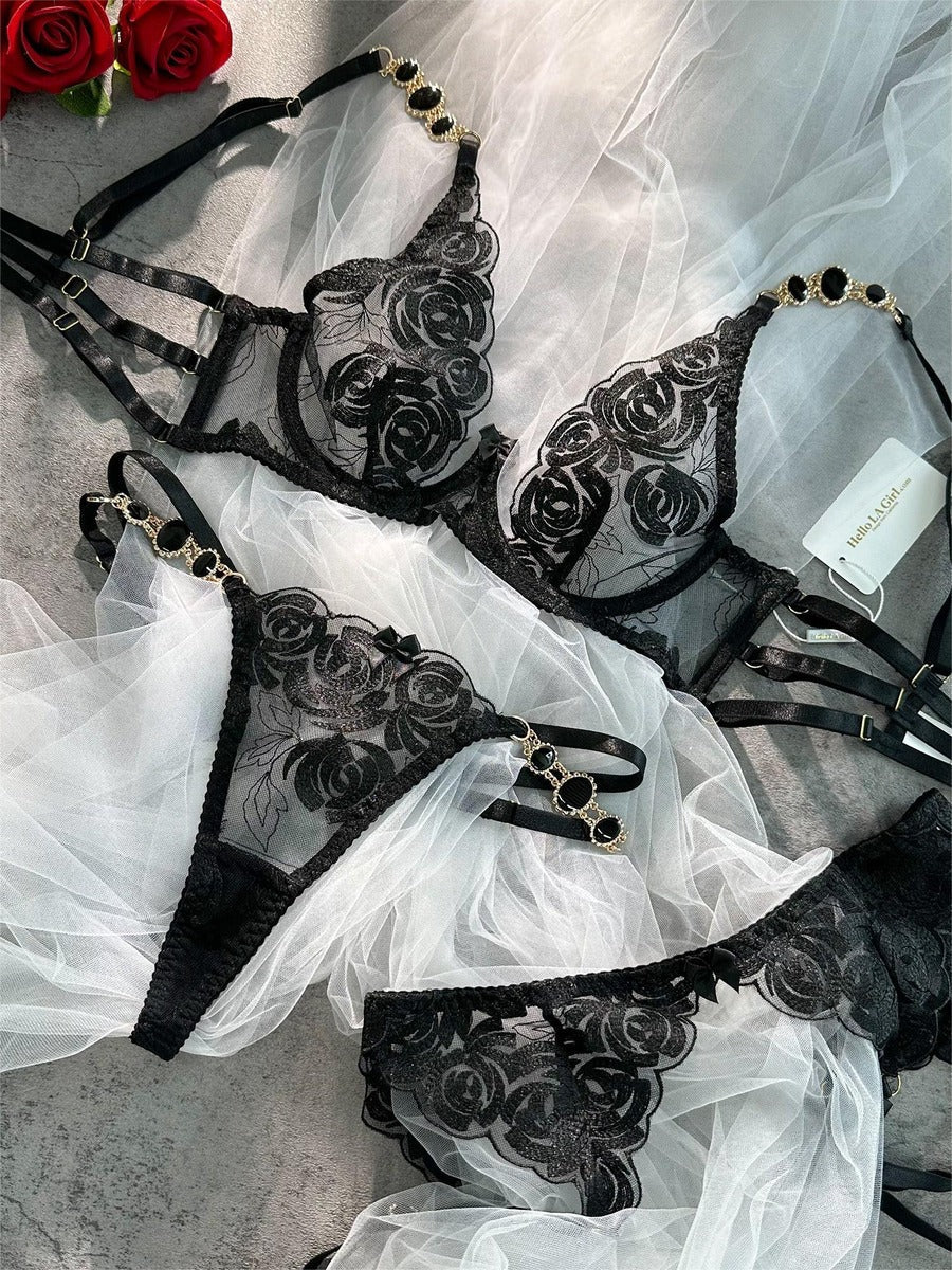 Black Embroidered Lingerie Set With Garter Straps Deluxe Hello.LA.Girl